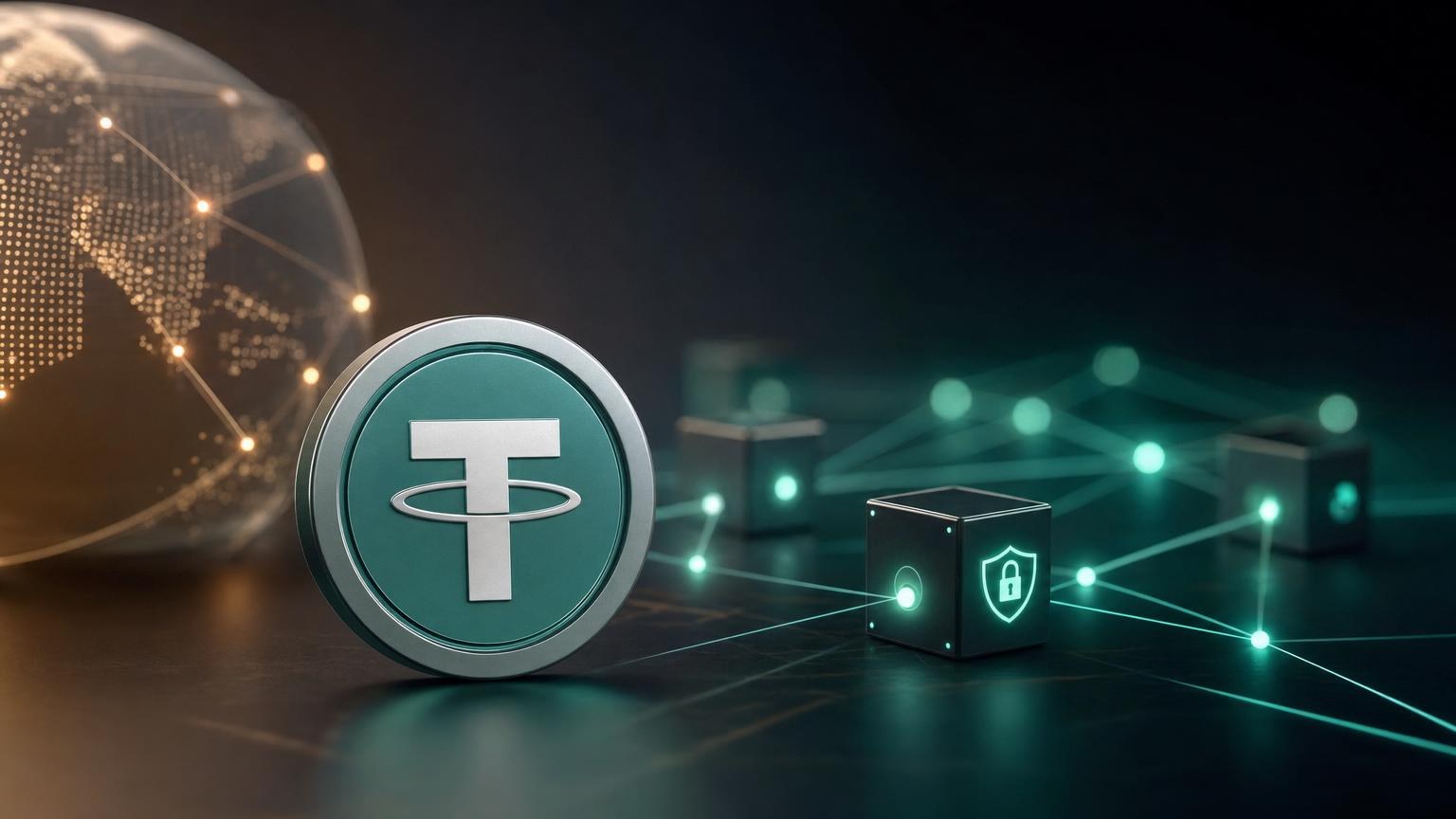Representação do USDT ligado a diferentes redes blockchain, com carteira, endereço e confirmação de transação